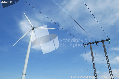 Image of a windturbine close to a electric pylon