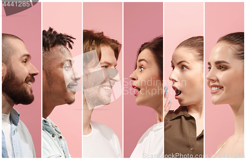 Image of Profiles of multicultural people men and women on pink