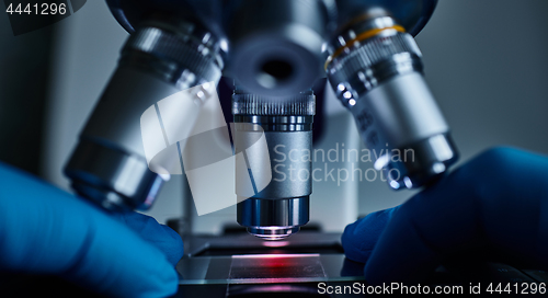 Image of Scientist hands with microscope