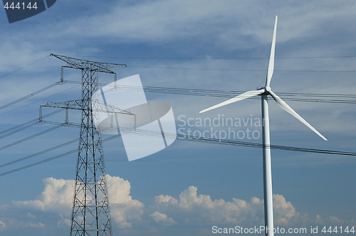 Image of a windturbine close to a electric pylon