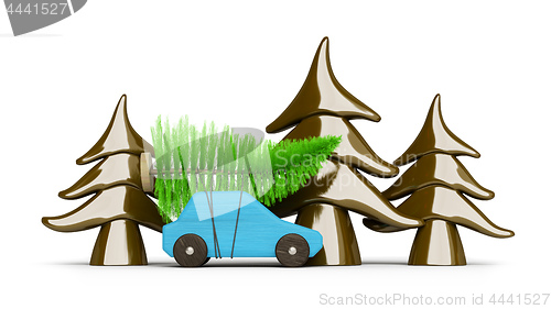 Image of buying a christmas tree with a blue car