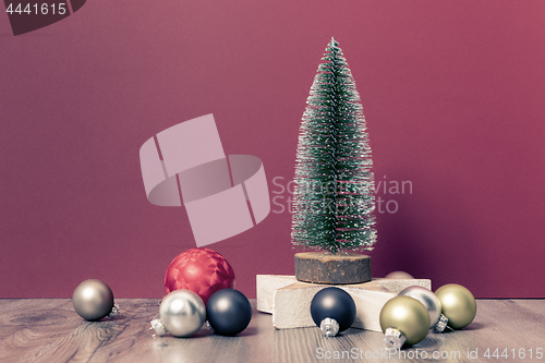 Image of Christmas decoration glass balls with fir tree