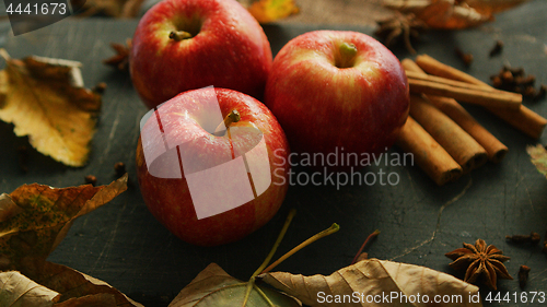 Image of Apples with condiments on table