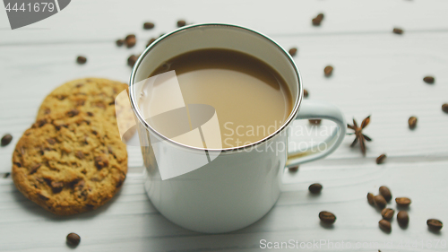 Image of Mug with coffee and cookies