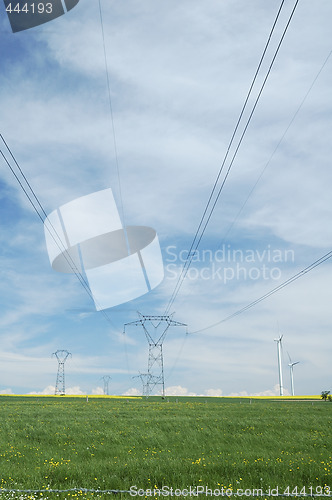 Image of Electric pylons close to windturbines