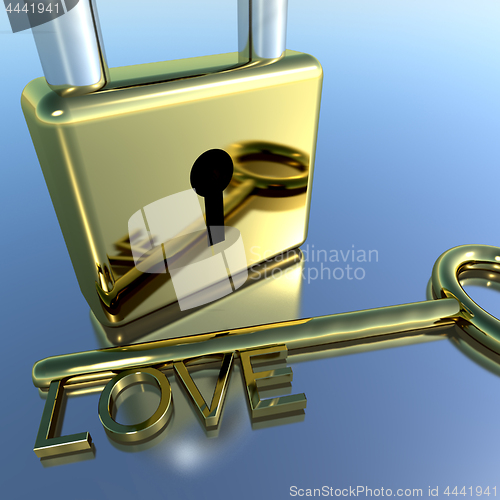 Image of Padlock With Love Key Showing Romance Valentines And Lovers