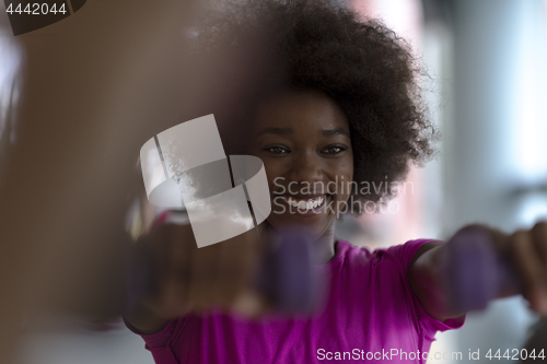 Image of woman working out in a crossfit gym with dumbbells