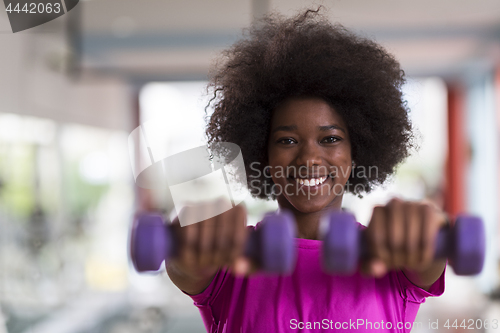 Image of woman working out in a crossfit gym with dumbbells