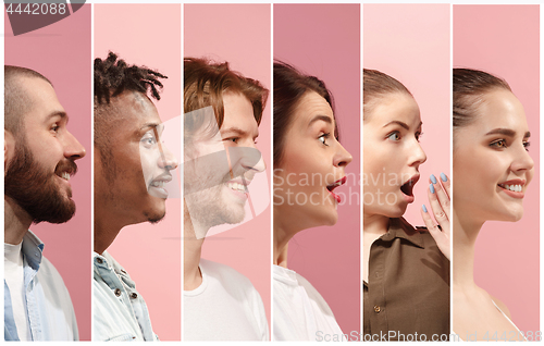 Image of Profiles of multicultural people men and women on pink