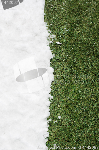 Image of Meeting snow on green grass close up - between winter and spring concept background