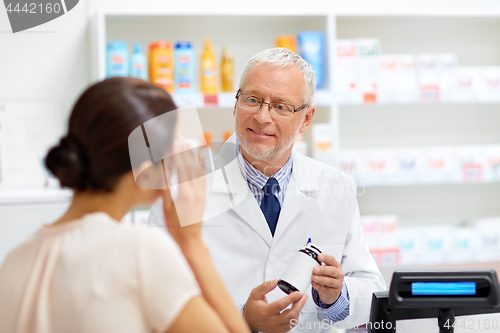 Image of apothecary with cure and customer at pharmacy