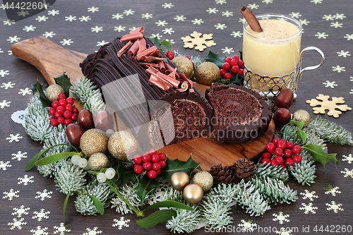 Image of Chocolate Yule Log Cake and Eggnog