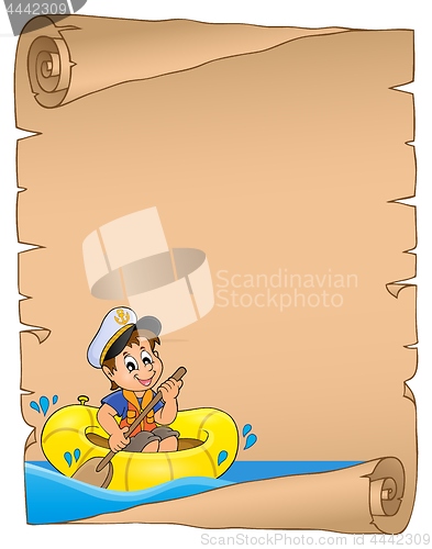 Image of Parchment with boy in boat on water