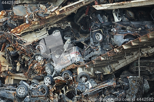 Image of Pile of smashed car wrecks