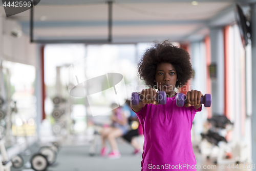 Image of woman working out in a crossfit gym with dumbbells