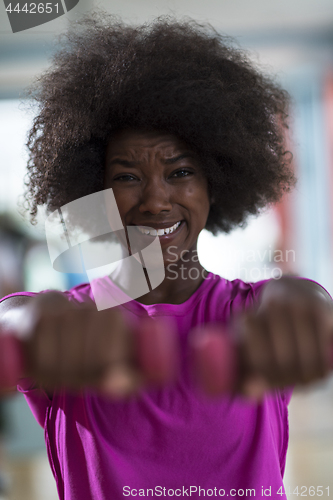 Image of woman working out in a crossfit gym with dumbbells