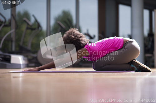 Image of african american woman exercise yoga in gym