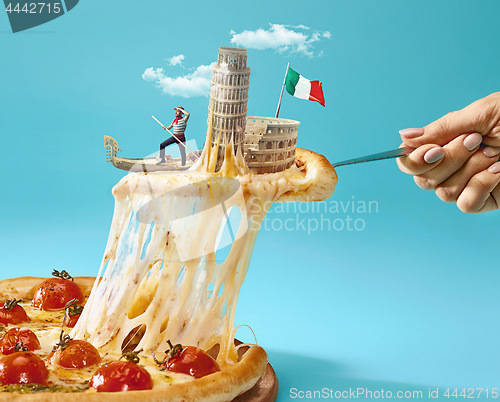 Image of The collage about Italy with female hand, gondolier, pizza and and major sights