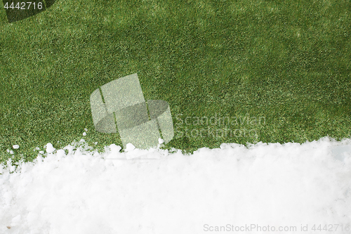 Image of Meeting snow on green grass close up - between winter and spring concept background