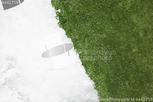 Image of Meeting snow on green grass close up - between winter and spring concept background