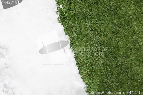 Image of Meeting snow on green grass close up - between winter and spring concept background