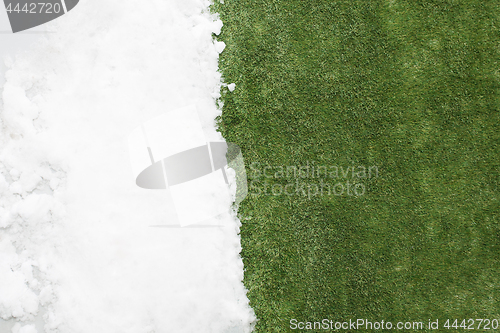 Image of Meeting snow on green grass close up - between winter and spring concept background