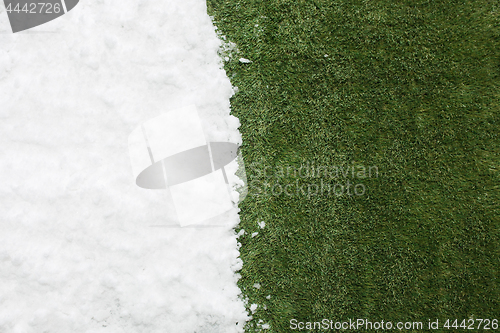 Image of Meeting snow on green grass close up - between winter and spring concept background