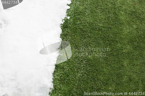 Image of Meeting snow on green grass close up - between winter and spring concept background