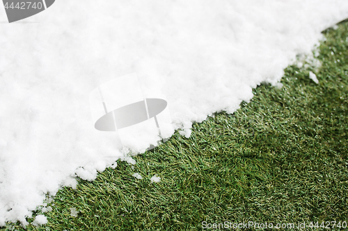 Image of Meeting snow on green grass close up - between winter and spring concept background