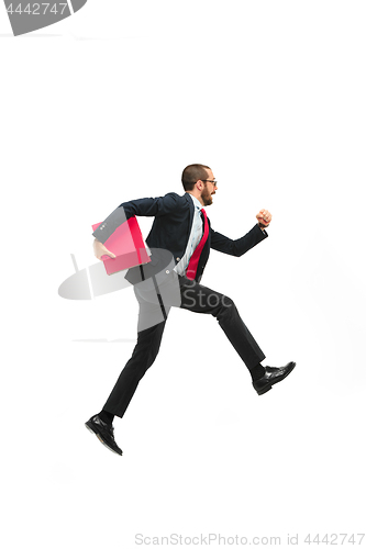 Image of Businessman running with a folder on white background