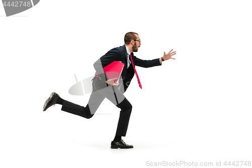 Image of Businessman running with a folder on white background