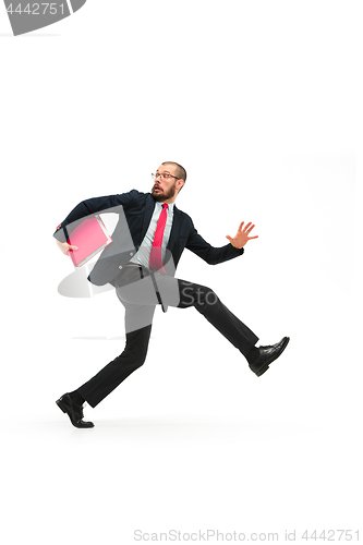 Image of Businessman running with a folder on white background