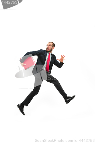 Image of Businessman running with a folder on white background