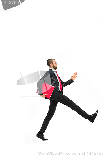 Image of Full body portrait of businessman with folder on white