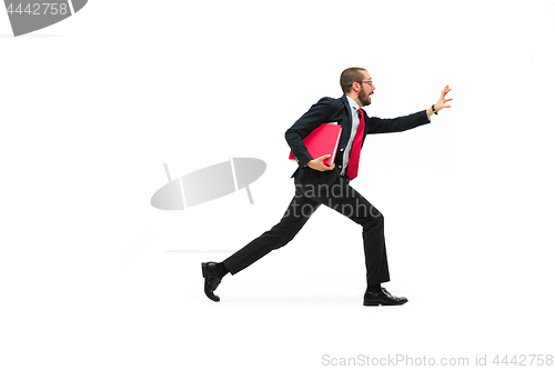 Image of Businessman running with a folder on white background