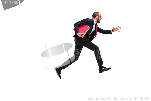 Image of Businessman running with a folder on white background