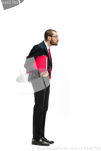 Image of Full body portrait of businessman with folder on white