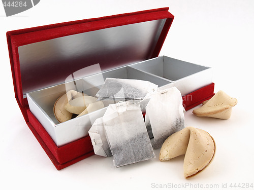 Image of Tea and Fortune Cookies in a Red Box