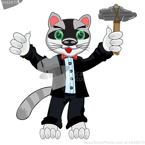 Image of Cartoon animal racoon in fashionable suit with stone gavel