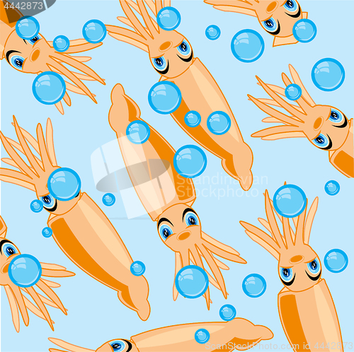 Image of Sea shellfish squid pattern on turn blue background