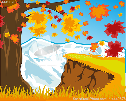 Image of Bright landscape autumn and snow mountains.Vector illustration