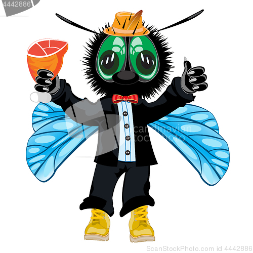 Image of Cartoon insect fly in suit and hat