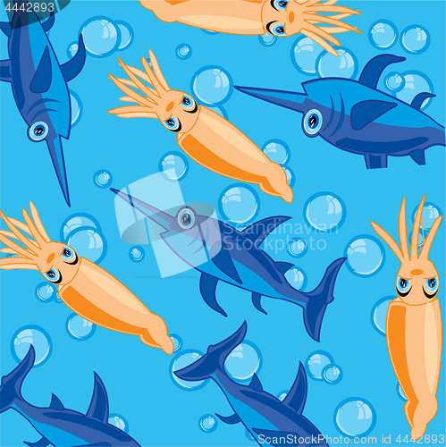 Image of Sea animals squid and fish sword pattern on turn blue