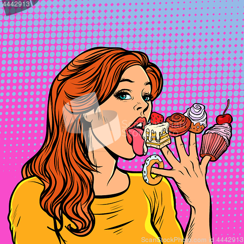 Image of Beautiful woman licking sweets from her fingers