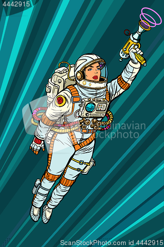 Image of Superhero woman astronaut paratrooper with Blaster, science fict