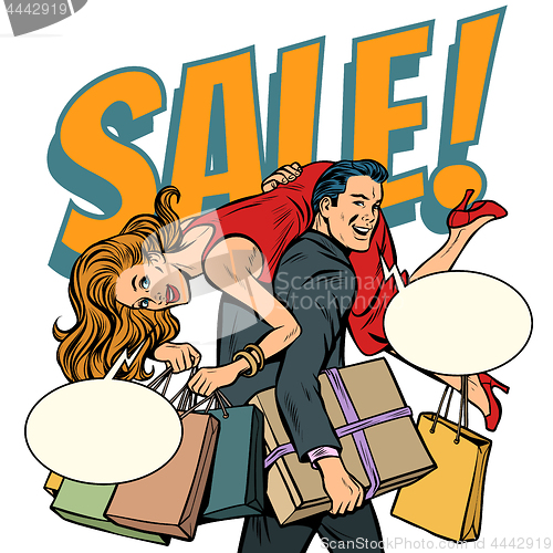 Image of man carries woman in his arms, sale