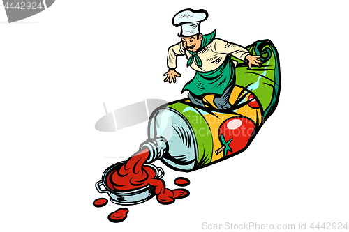 Image of Little chef squeezes ketchup. Cooking food