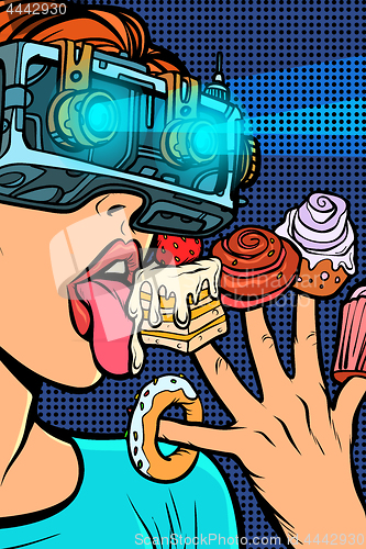 Image of woman in virtual reality glasses eating sweets