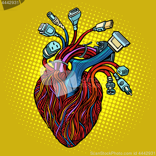 Image of Cyber heart. Wires and cables