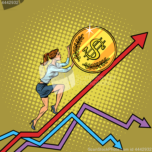 Image of woman businesswoman roll a USA dollar coin up